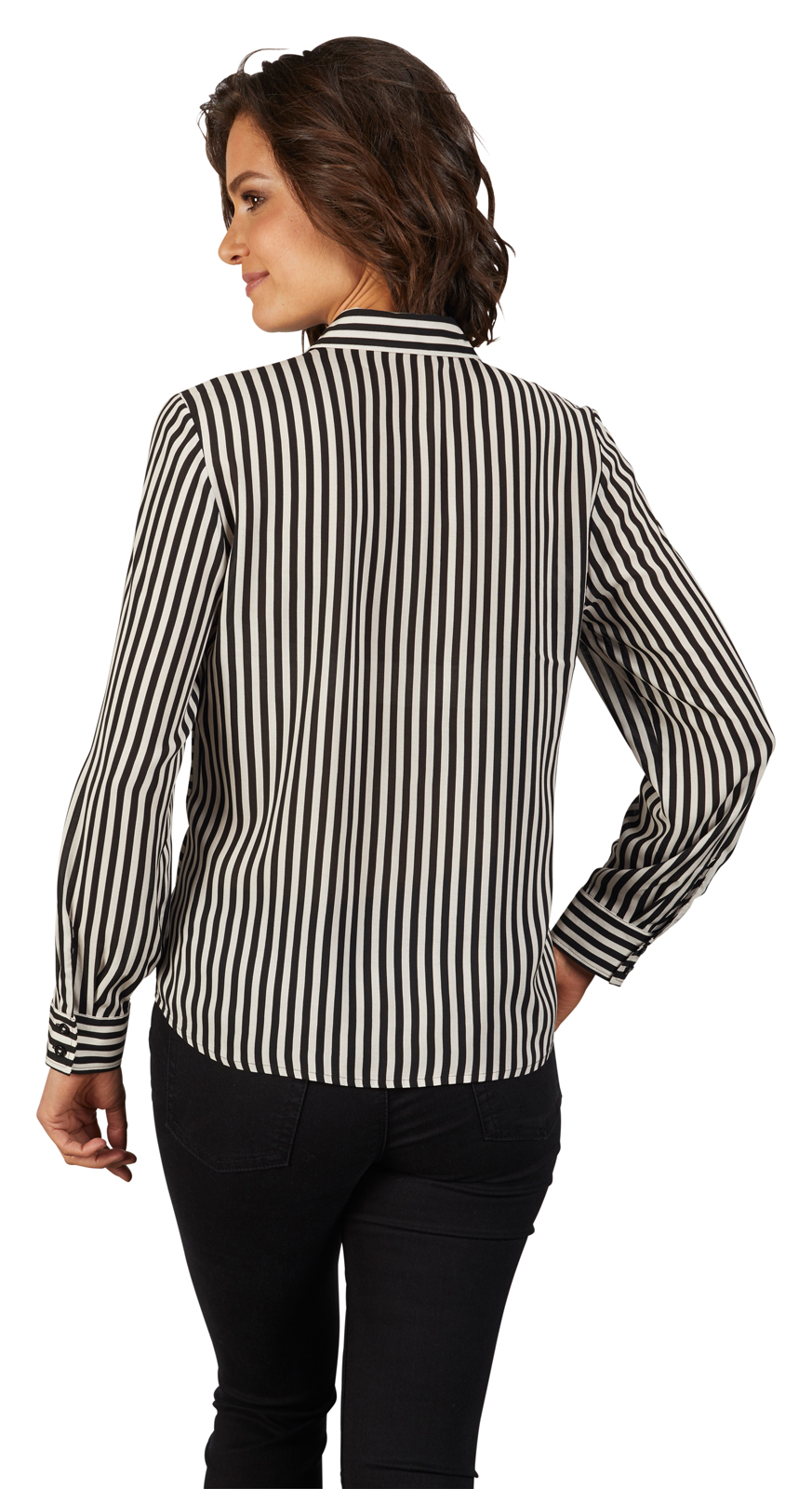 BLUSE-schwarz-gemustert-391106 STREIFENBLUSE MIT ÜBERWURF