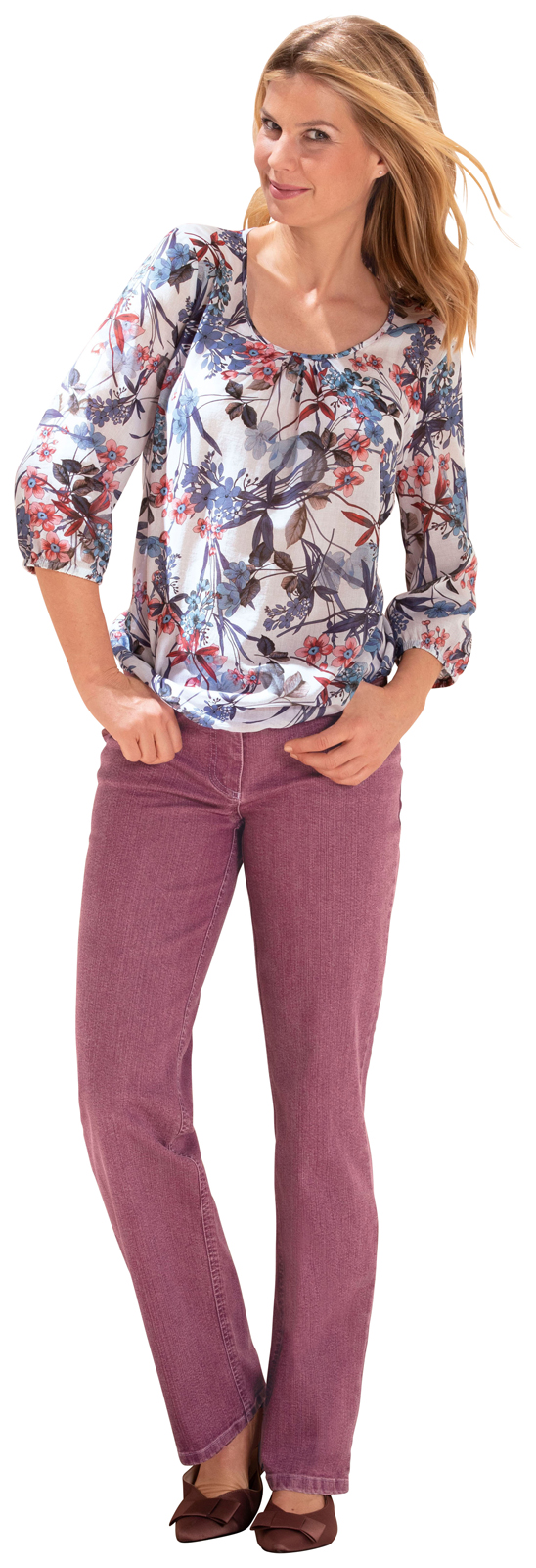 BLUSE-blau-gemustert-381115_JEANS-rot-381096 KOMFORTABLE JEANS N