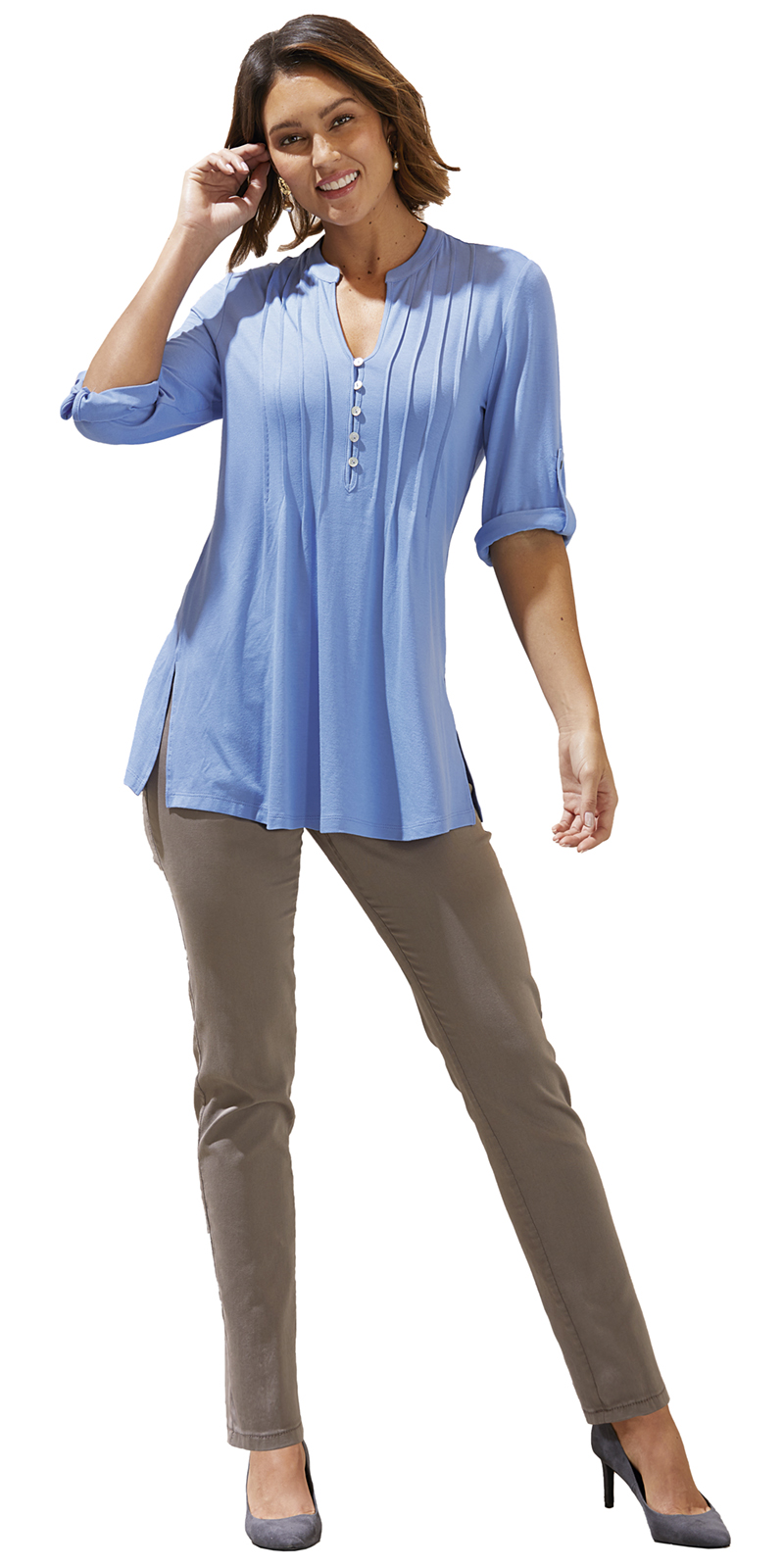 BLUSE-blau-401149_HOSE-braun-401147 TUNIKABLUSE AUS JERSEY