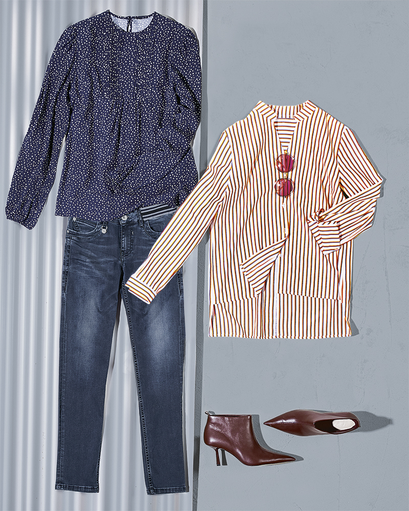 Tunika-blau_Punkte_405081-Jeans-blau-405033_Bluse_gestreift_orange-marine_Streifen-405087 JEANS L MIT RINGEL-STRETCHBUND
